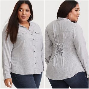 Torrid Grey & White Stripe Corset Back Shirt SZ 1